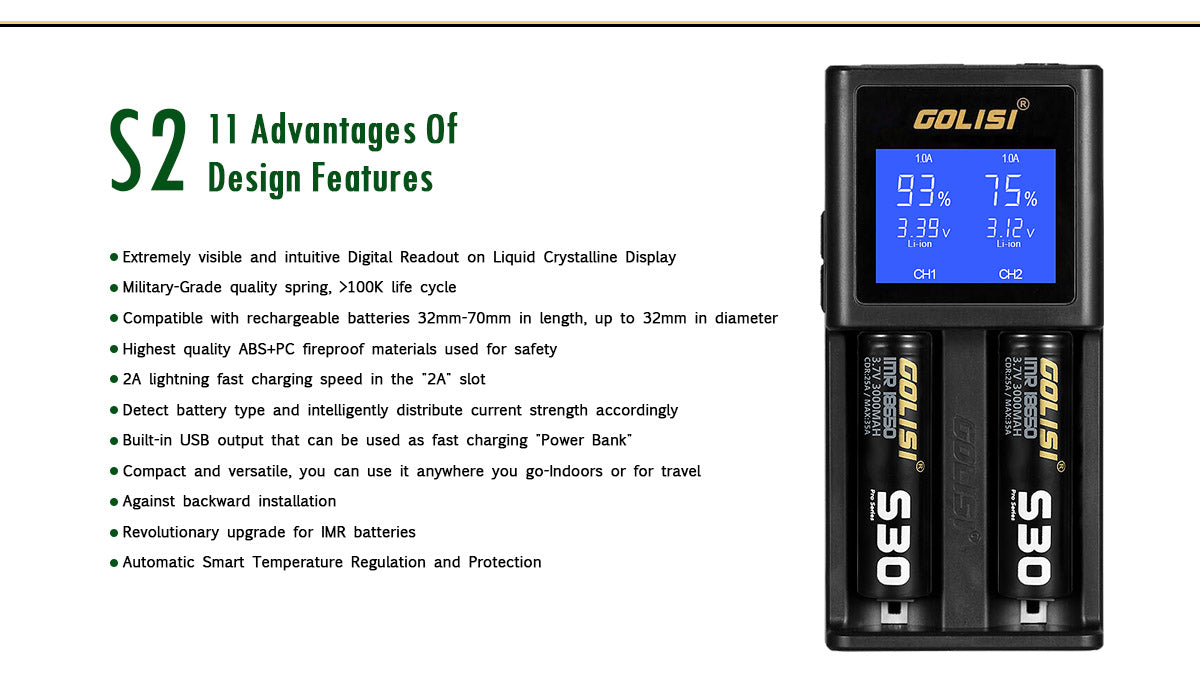 golisi s2 smart charger with lcd screen (2 bay) golisi s2 smart charger with lcd screen (2 bay)